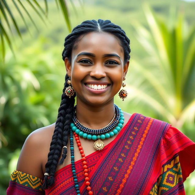 Beautiful woman from Nauru, wearing traditional Nauruan attire, vibrant colors, intricate patterns, showcasing cultural heritage, friendly smile, natural setting with tropical greenery, confident and proud posture