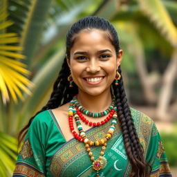 Beautiful woman from Nauru, wearing traditional Nauruan attire, vibrant colors, intricate patterns, showcasing cultural heritage, friendly smile, natural setting with tropical greenery, confident and proud posture