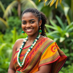 Beautiful woman from Nauru, wearing traditional Nauruan attire, vibrant colors, intricate patterns, showcasing cultural heritage, friendly smile, natural setting with tropical greenery, confident and proud posture