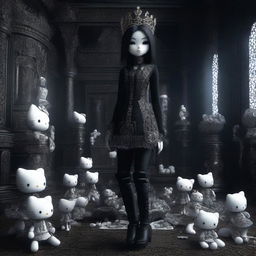 A high-quality 3D render of a Hello Kitty woman, standing on an intricately detailed pile of bones