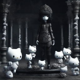 A high-quality 3D render of a Hello Kitty woman, standing on an intricately detailed pile of bones