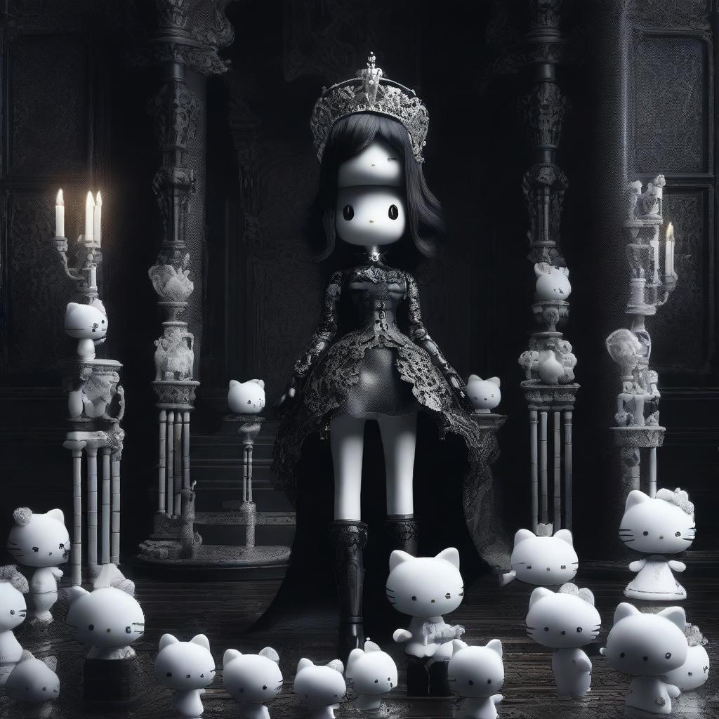 A high-quality 3D render of a Hello Kitty woman, standing on an intricately detailed pile of bones