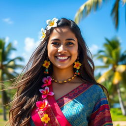 A beautiful 25-year-old woman from Nauru wearing traditional Nauruan attire