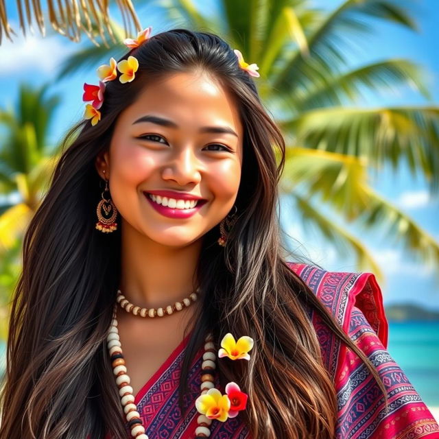 A beautiful 25-year-old woman from Nauru wearing traditional Nauruan attire