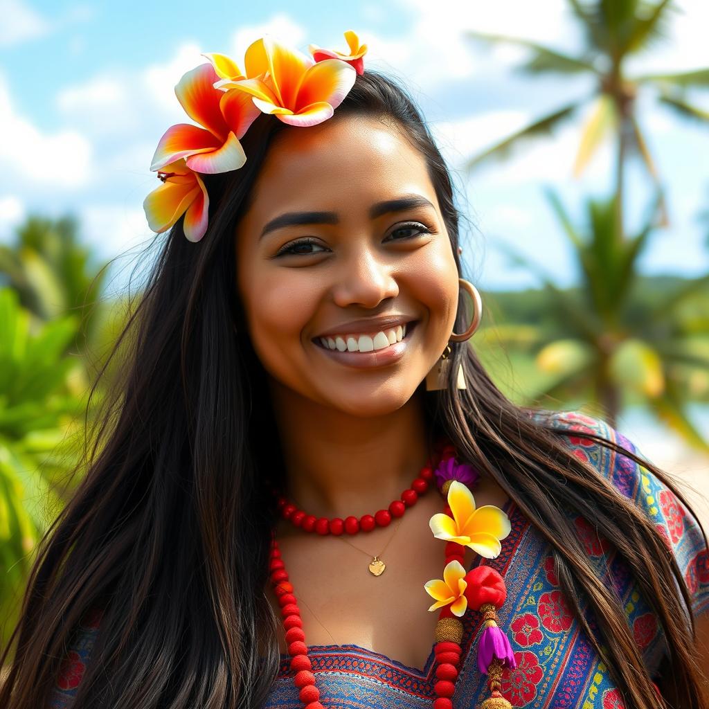 A beautiful 25-year-old woman from Nauru wearing traditional Nauruan attire