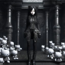 A high-quality 3D render of a Hello Kitty woman, standing on an intricately detailed pile of bones