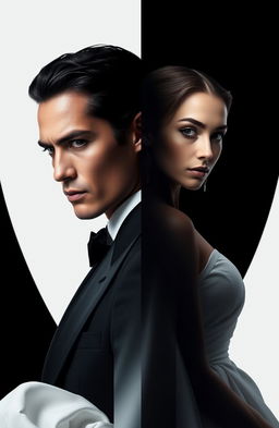A striking image showcasing two characters, a man and a woman, each representing contrasting themes of white and black
