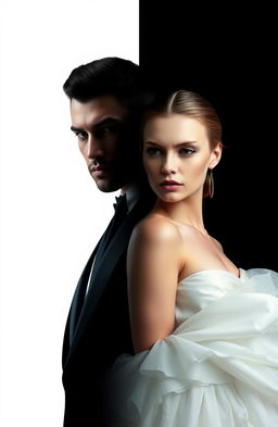 A striking image showcasing two characters, a man and a woman, each representing contrasting themes of white and black