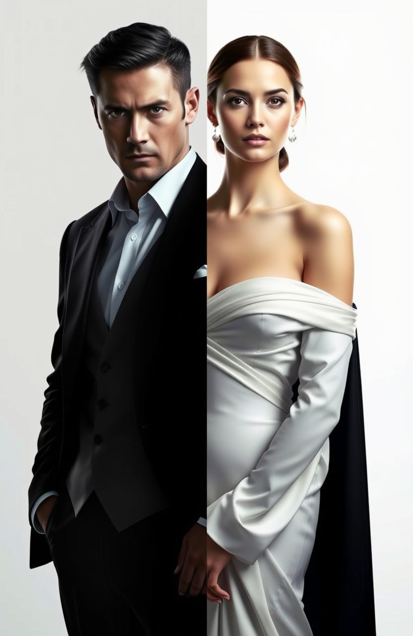 A striking image showcasing two characters, a man and a woman, each representing contrasting themes of white and black