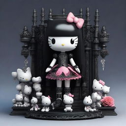 A high-quality 3D render of a Hello Kitty doll standing on a pile of meticulously detailed bones