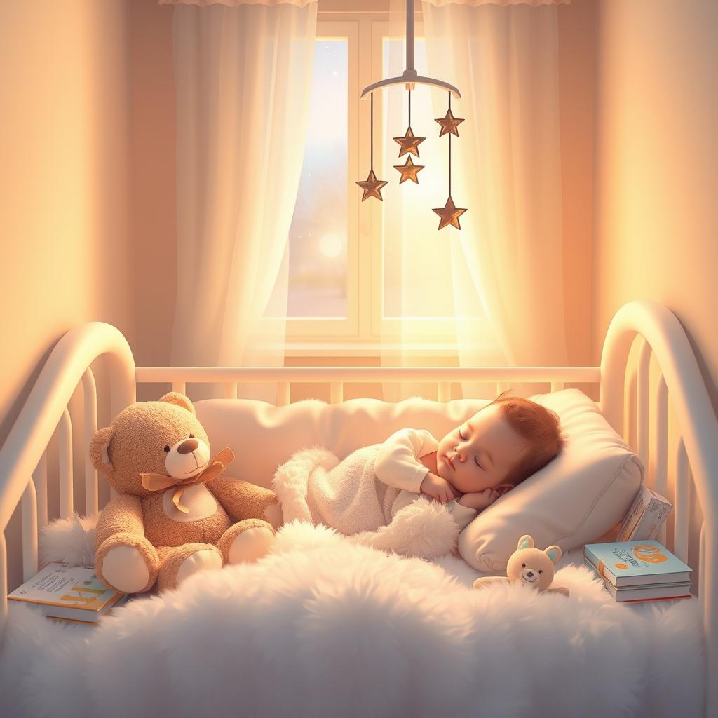 A peaceful scene depicting a baby peacefully sleeping in a cozy nursery