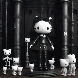 A high-quality 3D render of a Hello Kitty doll standing on a pile of meticulously detailed bones