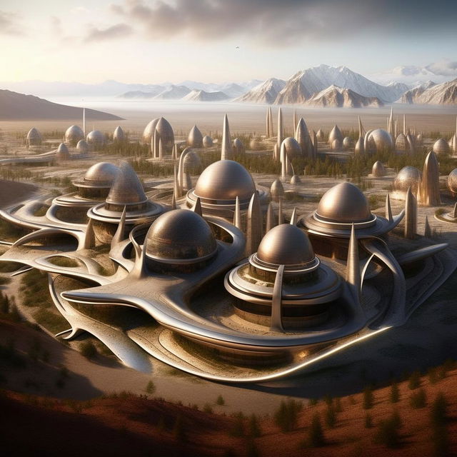 Create an image of Central Asia in the year 2023, envisaged as if it had never been conquered by Czarist Russia, exhibiting a unique blend of traditional and futuristic architectural styles and flourishing societies