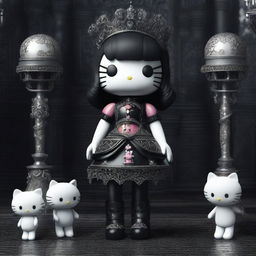 A high-quality 3D render of a Hello Kitty doll standing on a pile of meticulously detailed bones