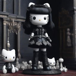 A high-quality 3D render of a Hello Kitty doll standing on a pile of meticulously detailed bones