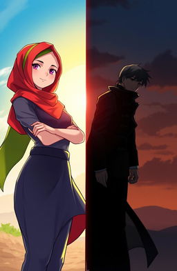 A dramatic illustration featuring two characters representing opposing sides: one character, a strong woman wearing a colorful hijab, stands confidently on the left side, embodying light and positivity with a serene expression
