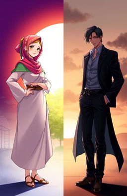 A dramatic illustration featuring two characters representing opposing sides: one character, a strong woman wearing a colorful hijab, stands confidently on the left side, embodying light and positivity with a serene expression