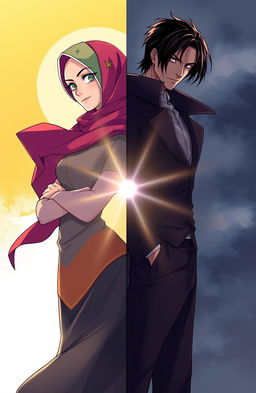 A dramatic illustration featuring two characters representing opposing sides: one character, a strong woman wearing a colorful hijab, stands confidently on the left side, embodying light and positivity with a serene expression