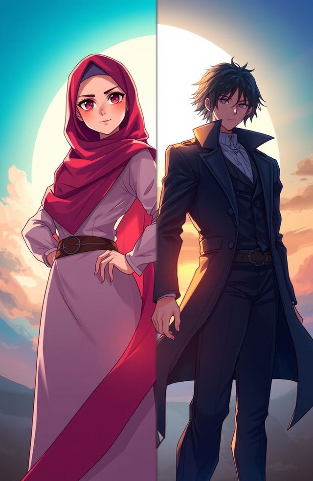 A dramatic illustration featuring two characters representing opposing sides: one character, a strong woman wearing a colorful hijab, stands confidently on the left side, embodying light and positivity with a serene expression