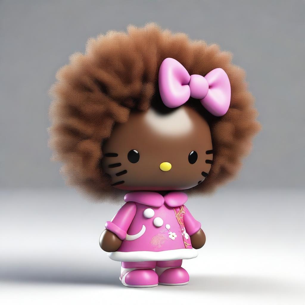 A high-quality 3D render of an African American Hello Kitty, characterized by brown fur and a voluminous afro