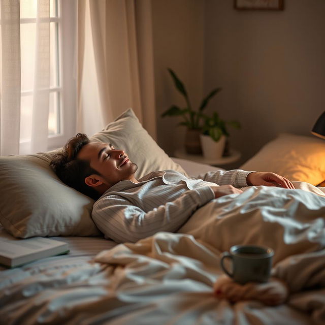 A serene scene of a man peacefully sleeping in a comfortable bedroom