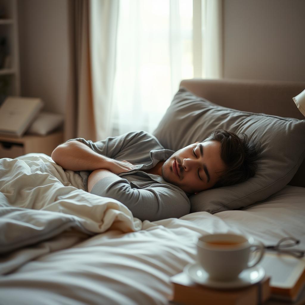 A serene scene of a man peacefully sleeping in a comfortable bedroom