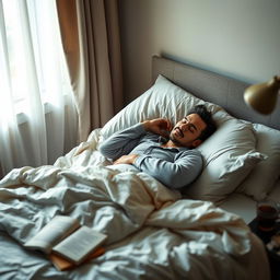 A serene scene of a man peacefully sleeping in a comfortable bedroom