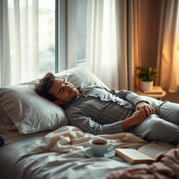 A serene scene of a man peacefully sleeping in a comfortable bedroom