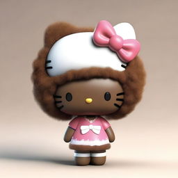 A high-quality 3D render of an African American Hello Kitty, characterized by brown fur and a voluminous afro