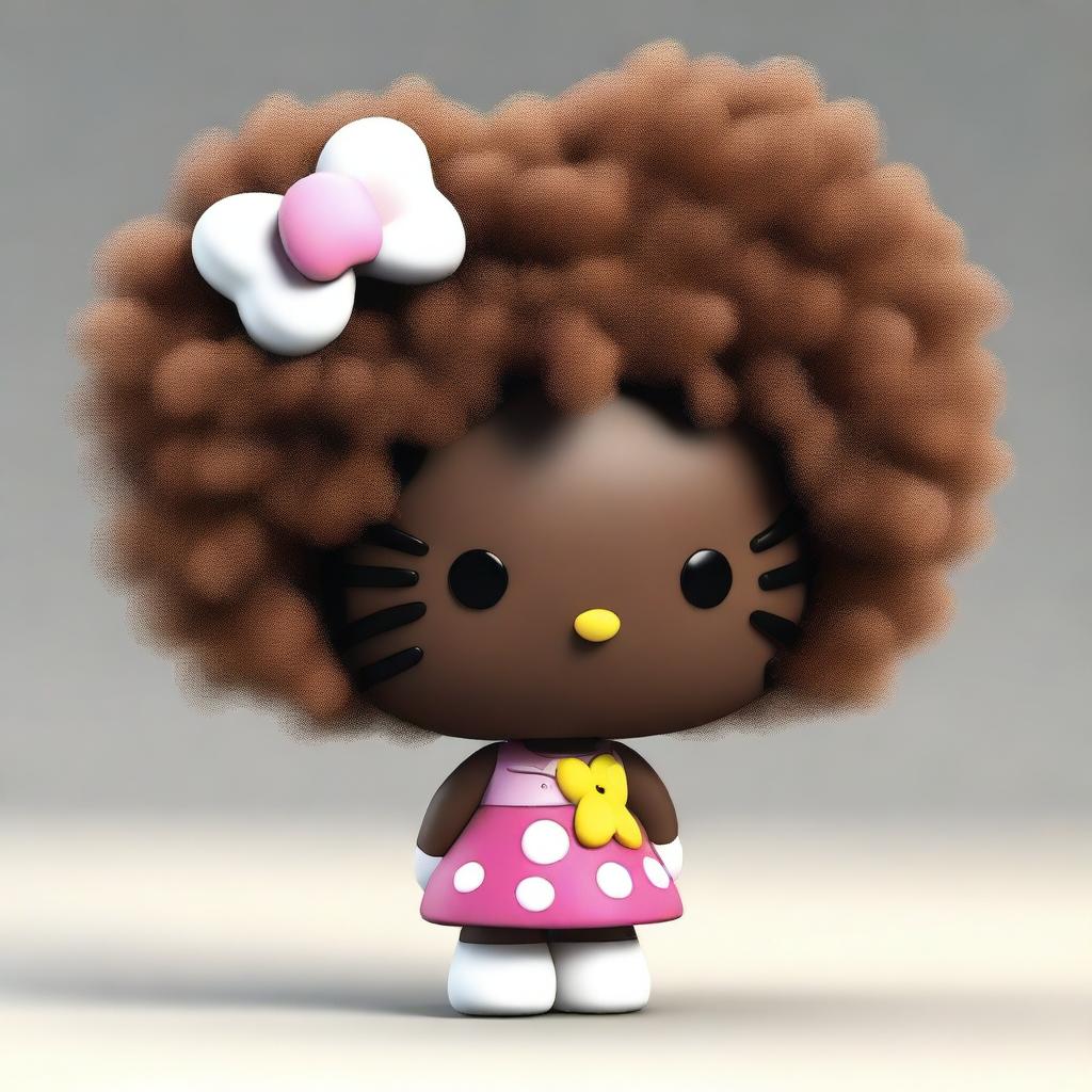 A high-quality 3D render of an African American Hello Kitty, characterized by brown fur and a voluminous afro