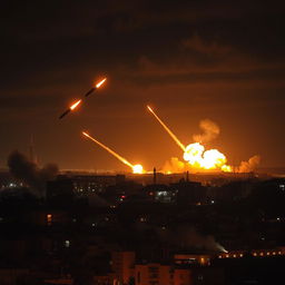 A dramatic scene depicting the skyline of Beirut under a night sky illuminated by fiery explosions