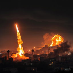 A dramatic scene depicting the skyline of Beirut under a night sky illuminated by fiery explosions