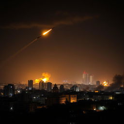 A dramatic scene depicting the skyline of Beirut under a night sky illuminated by fiery explosions