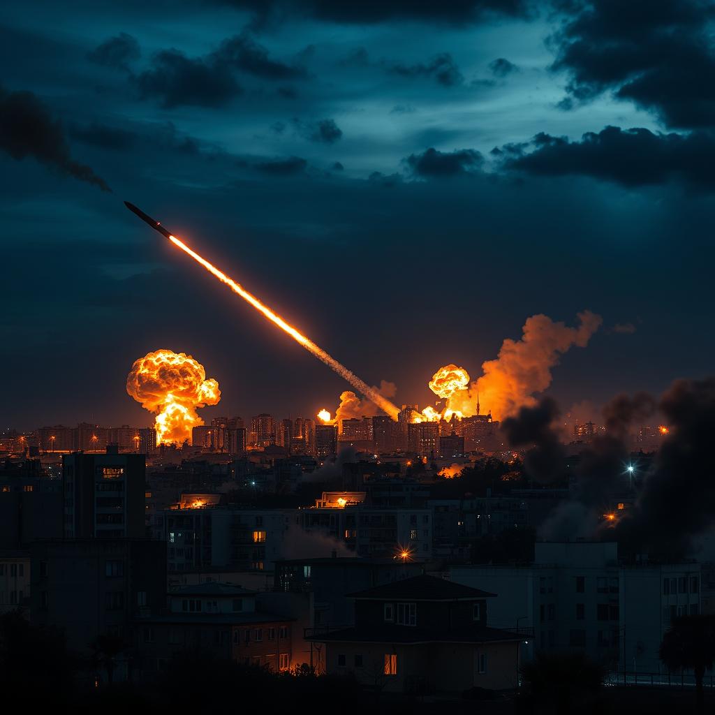 A dramatic scene depicting the skyline of Beirut under a night sky illuminated by fiery explosions