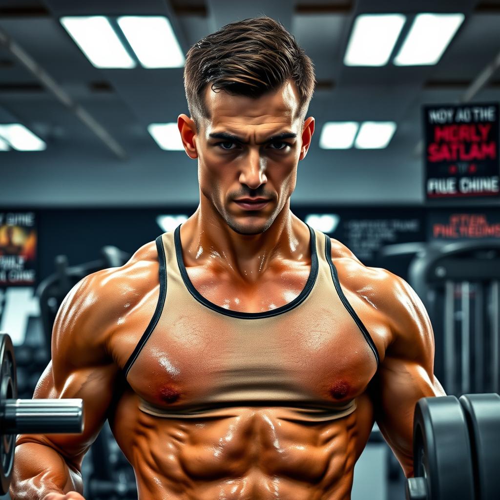 A muscular man engaged in an intense workout session, sweat glistening on his body as he lifts weights in a modern gym environment