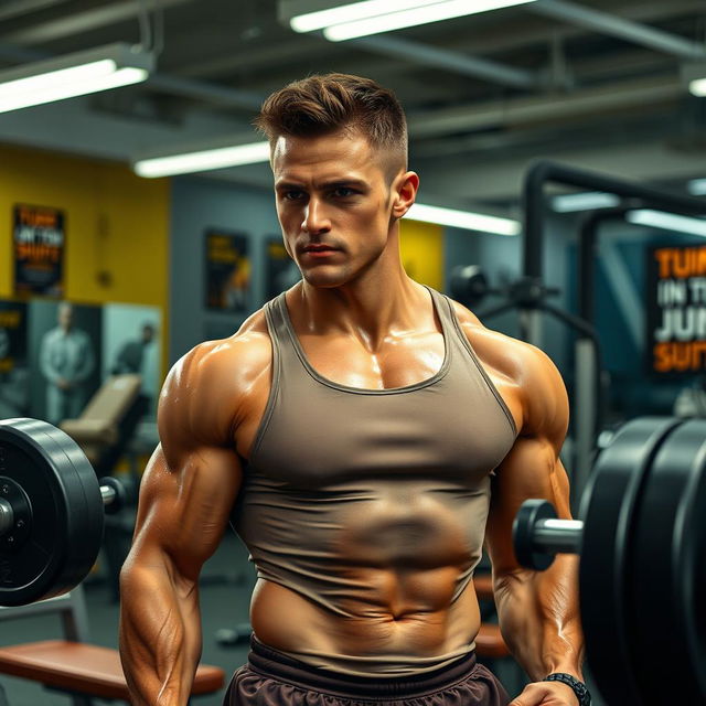 A muscular man engaged in an intense workout session, sweat glistening on his body as he lifts weights in a modern gym environment