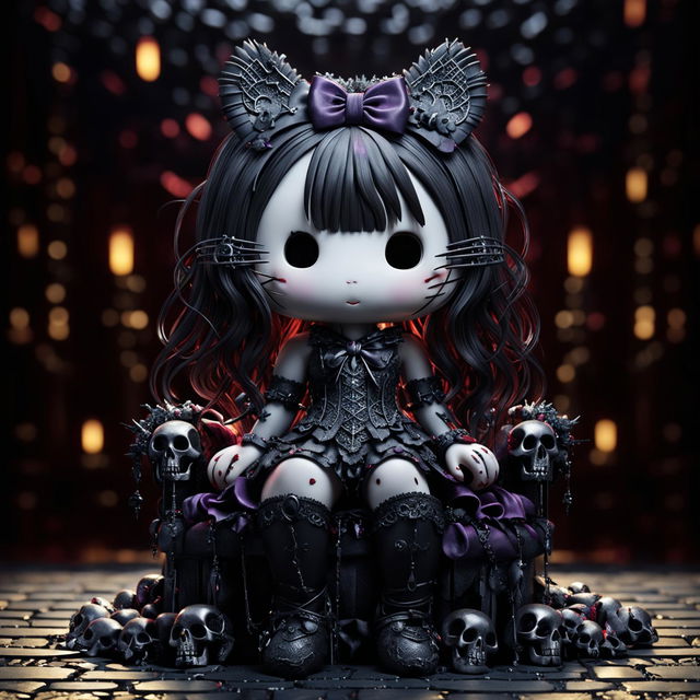 A 3D rendered image of a gothic Hello Kitty figurine