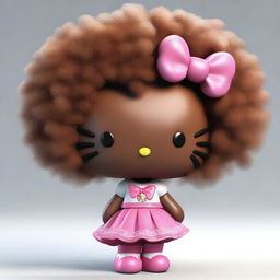 A high-quality 3D render of an African American Hello Kitty characterized by her brown fur and a voluminous afro