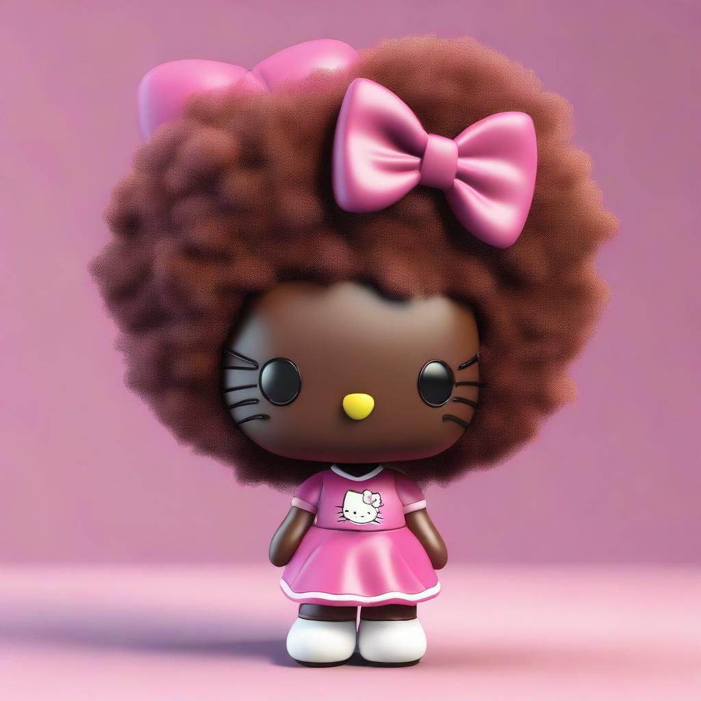 A high-quality 3D render of an African American Hello Kitty characterized by her brown fur and a voluminous afro