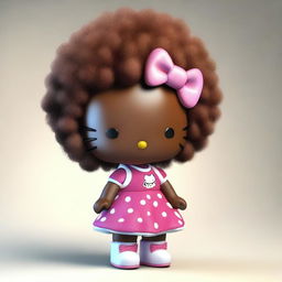 A high-quality 3D render of an African American Hello Kitty characterized by her brown fur and a voluminous afro