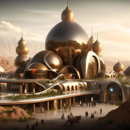 Create an image of Central Asia in the year 2023, envisaged as if it had never been conquered by Czarist Russia, exhibiting a unique blend of traditional and futuristic architectural styles and flourishing societies