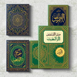 A series of elegant Islamic book covers featuring intricate geometric patterns, ornate arabesque designs, and rich colors like deep blues, gold, and emerald greens