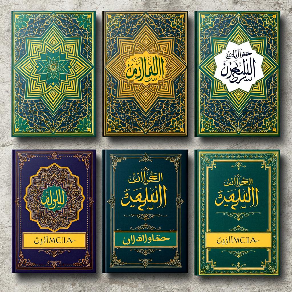 A series of elegant Islamic book covers featuring intricate geometric patterns, ornate arabesque designs, and rich colors like deep blues, gold, and emerald greens