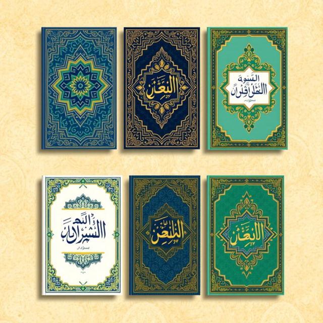 A series of elegant Islamic book covers featuring intricate geometric patterns, ornate arabesque designs, and rich colors like deep blues, gold, and emerald greens