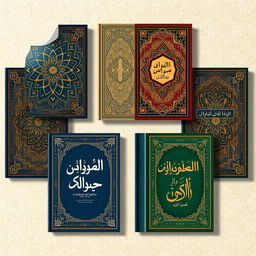 A series of elegant Islamic book covers featuring intricate geometric patterns, ornate arabesque designs, and rich colors like deep blues, gold, and emerald greens