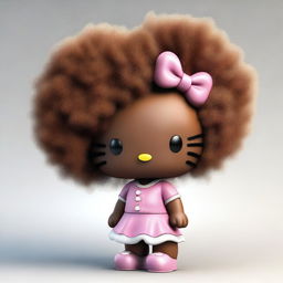 A high-quality 3D render of an African American Hello Kitty characterized by her brown fur and a voluminous afro