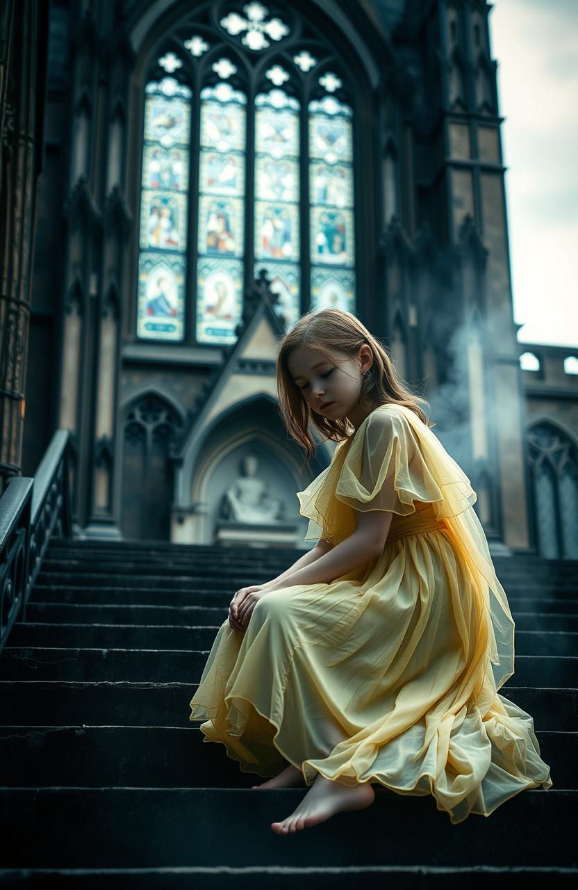 A hauntingly beautiful scene depicting Bristol Cathedral in the background, showcasing its intricate gothic architecture and stained glass windows