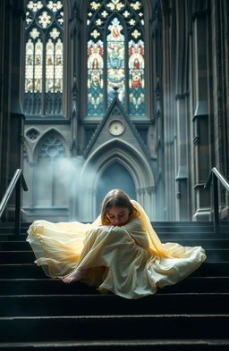 A hauntingly beautiful scene depicting Bristol Cathedral in the background, showcasing its intricate gothic architecture and stained glass windows
