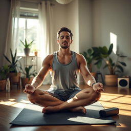 A serene scene capturing a man in a home workout environment, practicing meditation