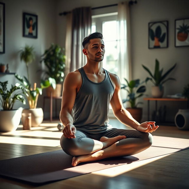 A serene scene capturing a man in a home workout environment, practicing meditation